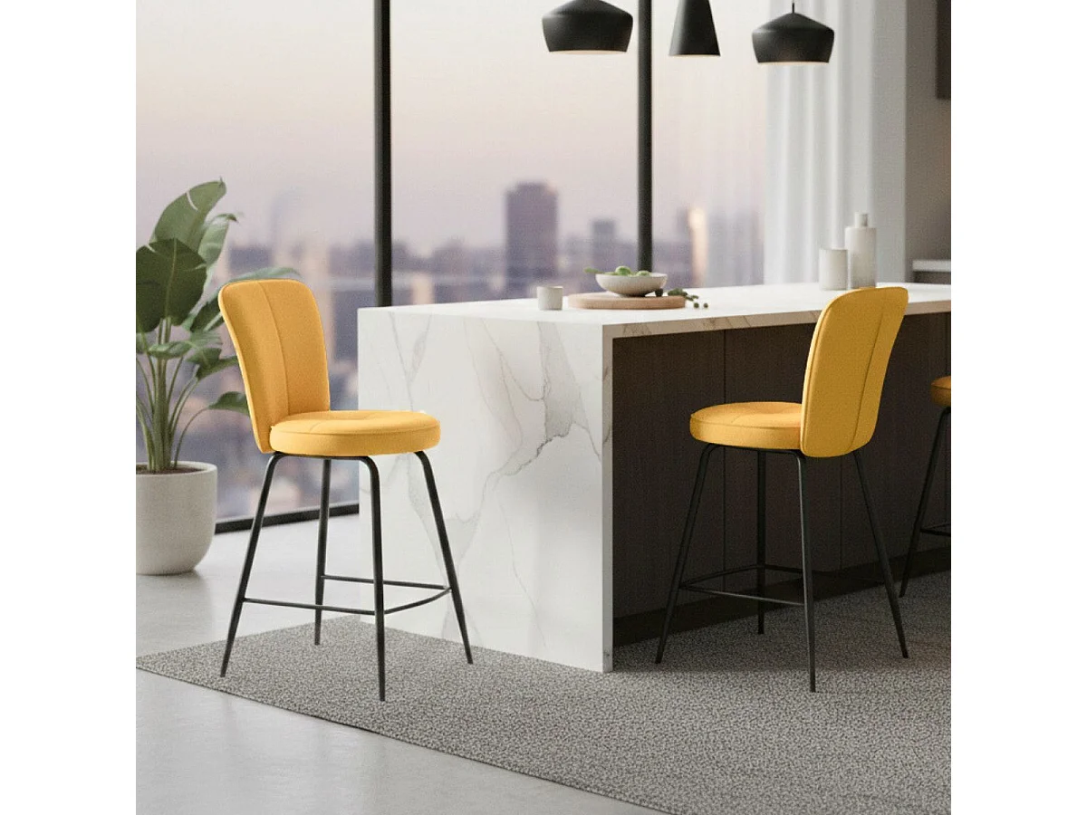 Lot de 4 tabourets assise de bar matelassée tissu toucher doux jaune pieds métal laqué anthracite - ELLIPSE