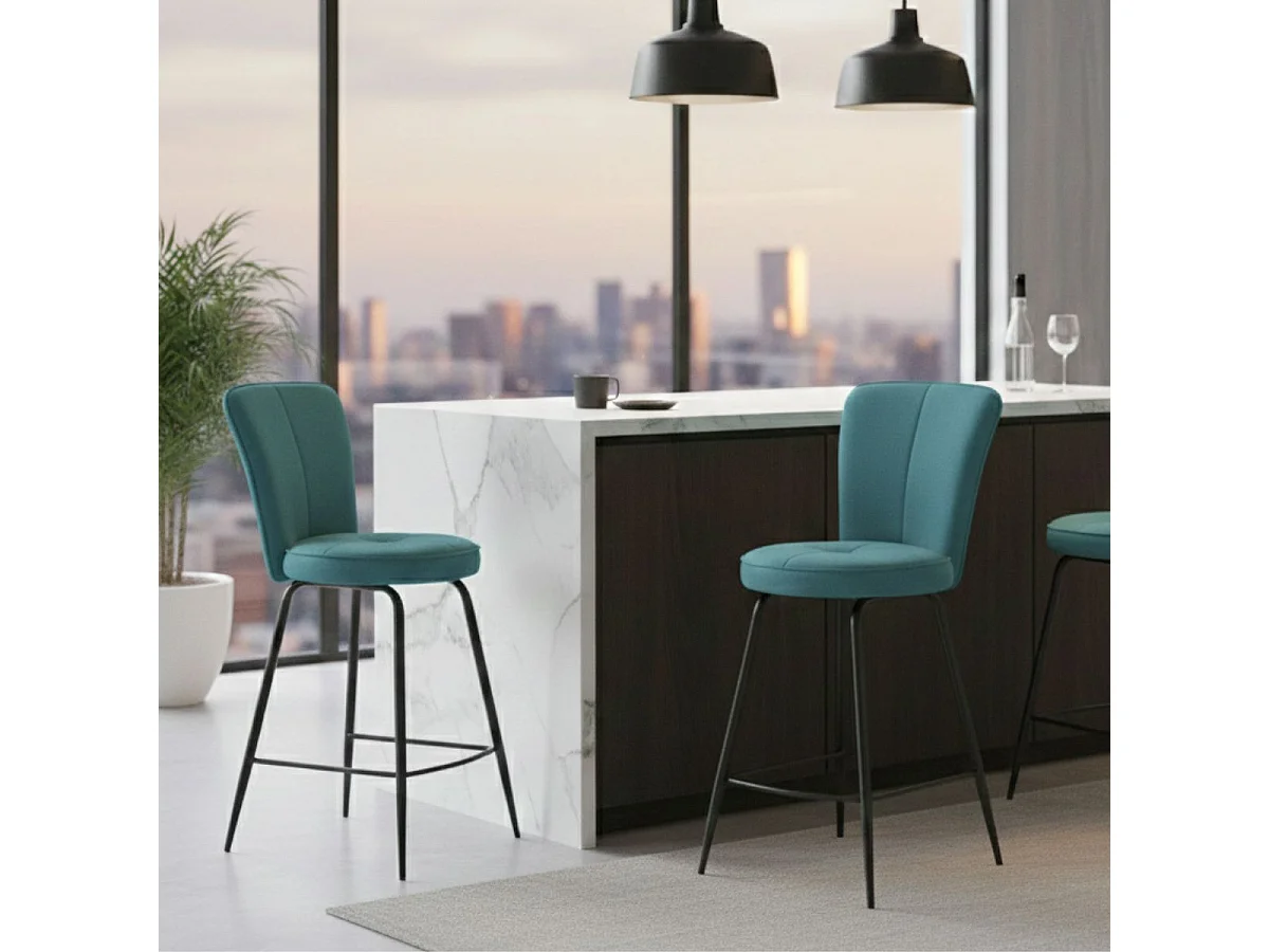 Lot de 2 tabourets assise de bar matelassée tissu toucher doux bleu pieds métal laqué anthracite - ELLIPSE