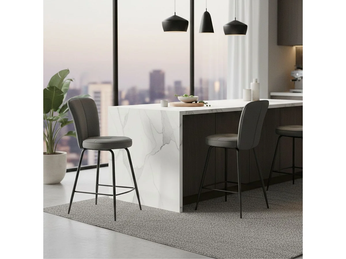 Lot de 2 tabourets assise de bar matelassée tissu toucher doux gris pieds métal laqué anthracite - ELLIPSE