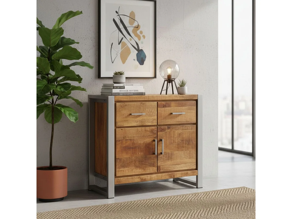 Rangement 2 portes 2 tiroirs en bois massif recyclé et acier patiné - MANGOVRE