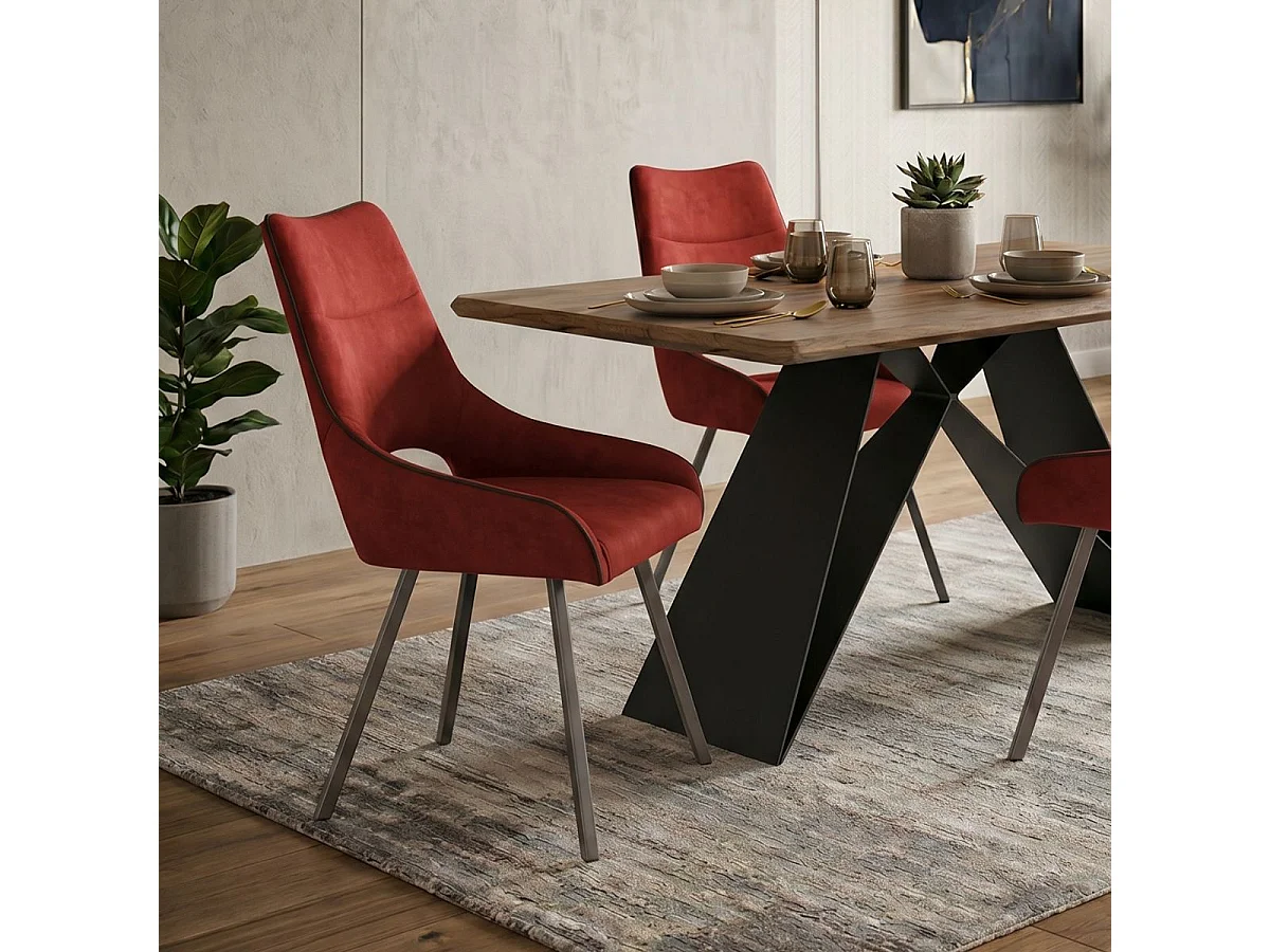 Lot de 2 chaises tissu coloris rouge pieds métal laqué gris - SILOUAN