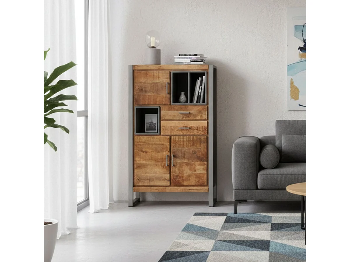 Rangement 3 portes 2 tiroirs en bois massif recyclé et acier patiné - MANGOVRE