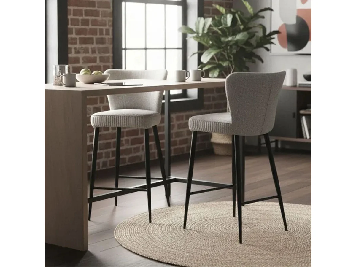 Tabouret de Bar Tissu Gris Clair Chiné Pieds Métal Noir Mat - MAURINE