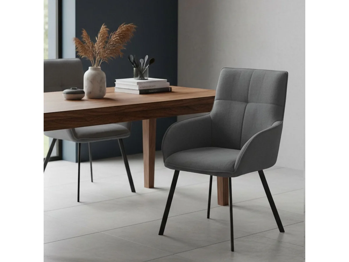 Lot de 2 fauteuils de table enveloppants en tissu gris pieds métal laqué anthracite - EVIDENCE