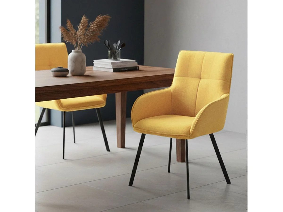 Lot de 2 fauteuils de table enveloppants en tissu jaune pieds métal laqué anthracite - EVIDENCE