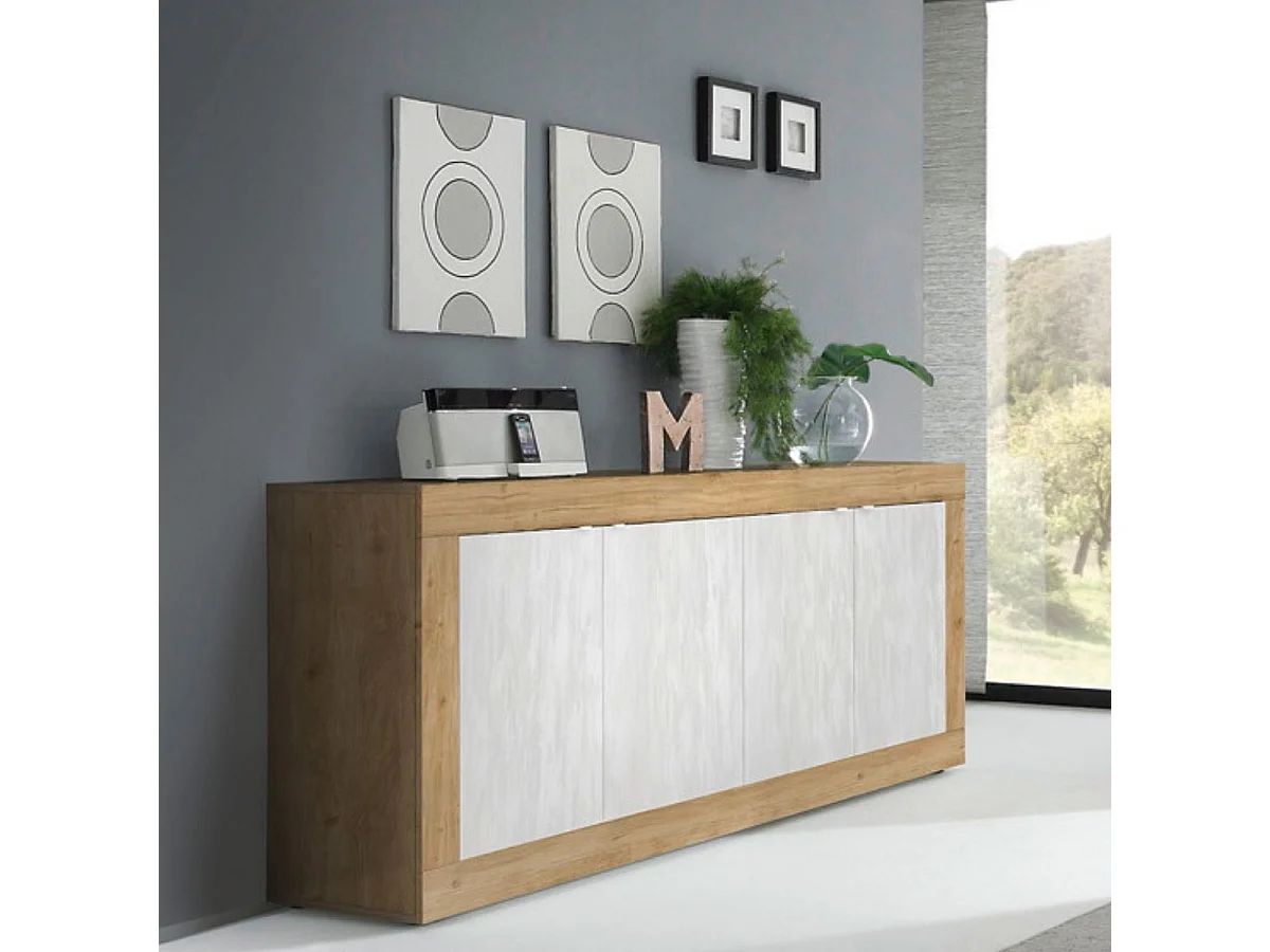 Buffet 4 portes aspect bois finition Cadiz façades blanc texturées - OTELLO