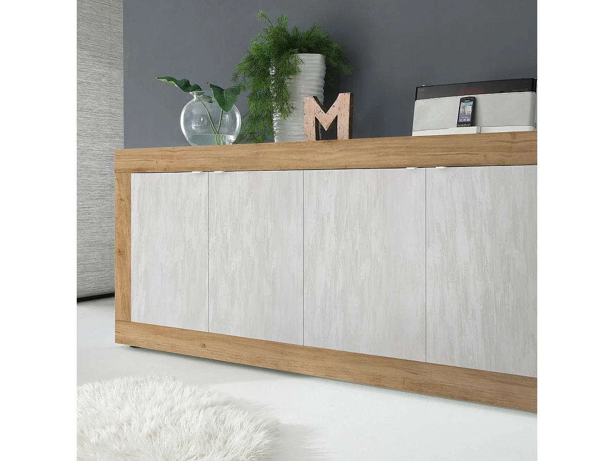 Buffet 4 portes aspect bois finition Cadiz façades blanc texturées - OTELLO