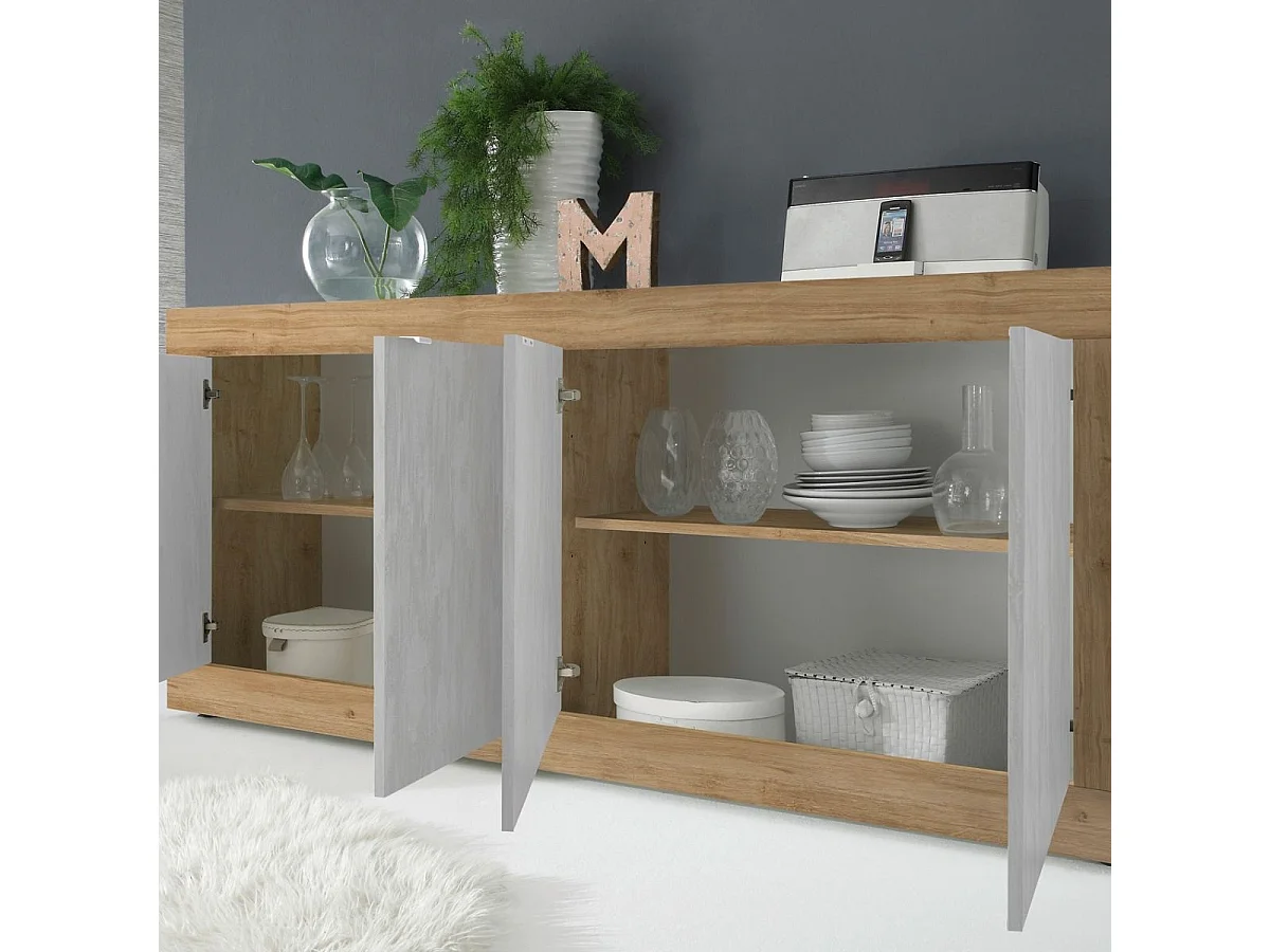Buffet 4 portes aspect bois finition Cadiz façades blanc texturées - OTELLO