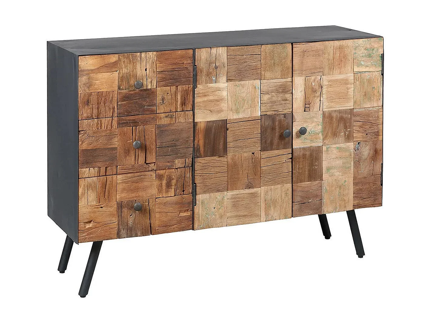 Buffet 2 portes 3 tiroirs en acier gris mat et façades en bois massif - FULBERT