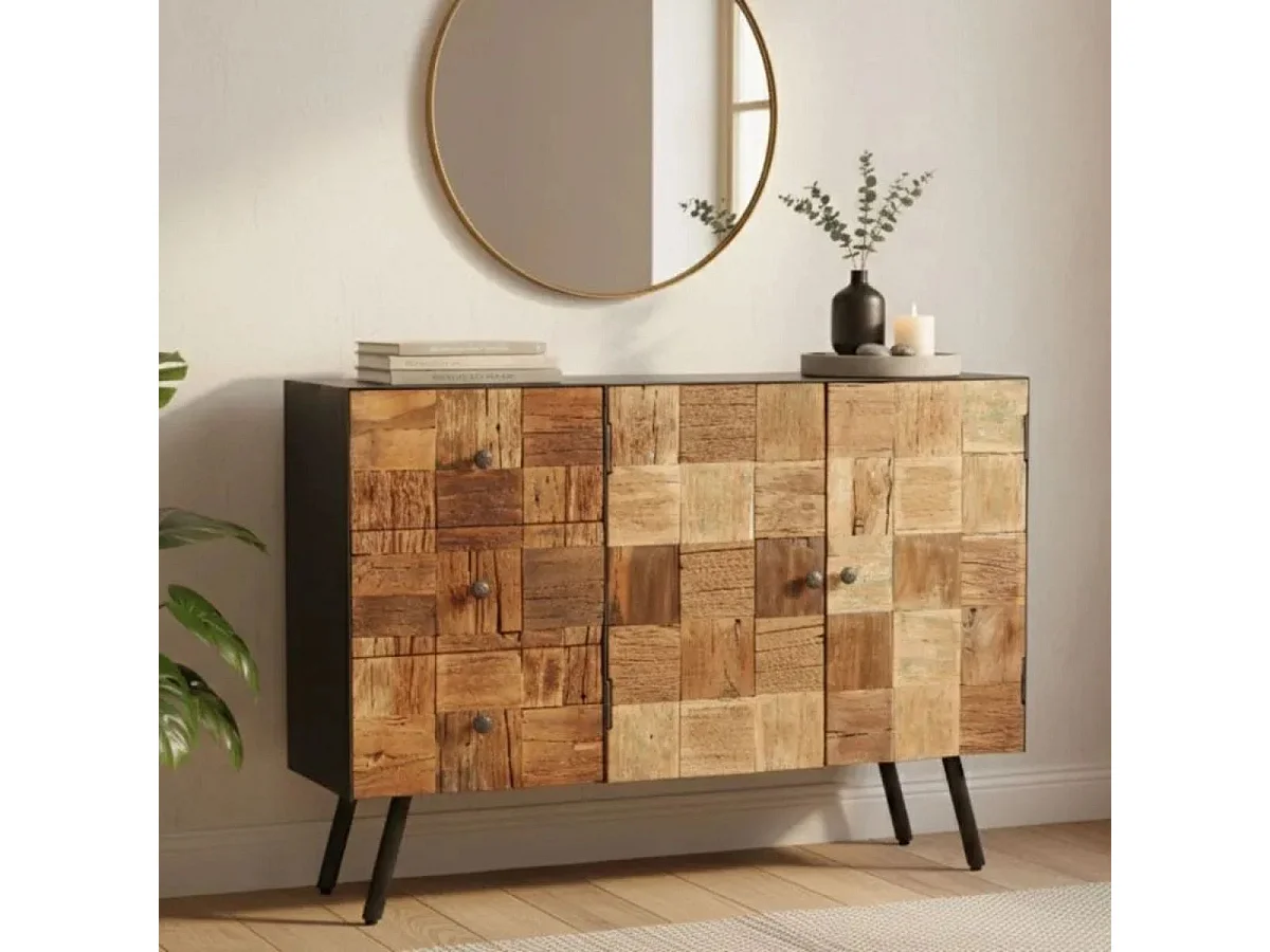 Buffet 2 portes 3 tiroirs en acier gris mat et façades en bois massif - FULBERT