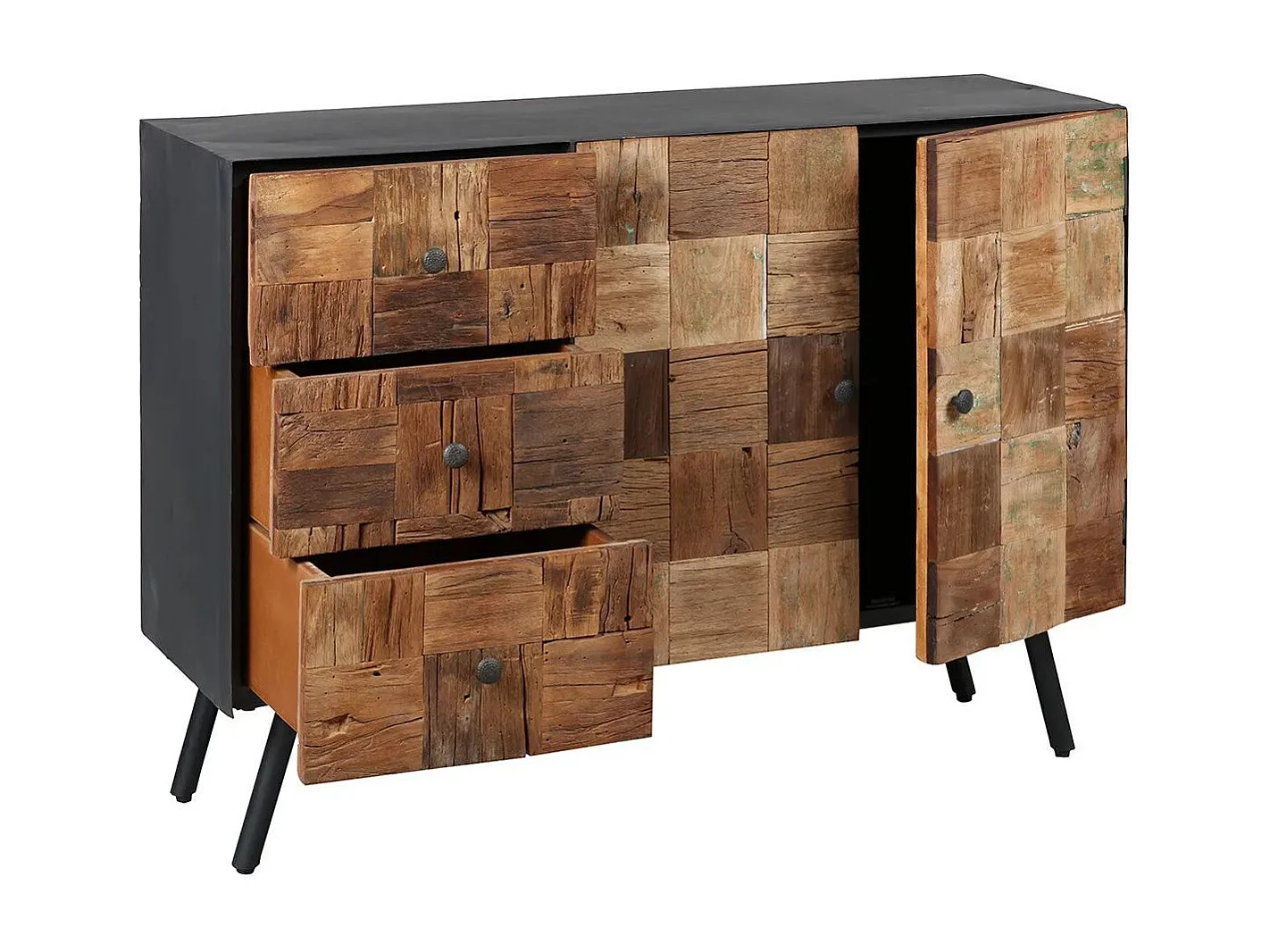 Buffet 2 portes 3 tiroirs en acier gris mat et façades en bois massif - FULBERT