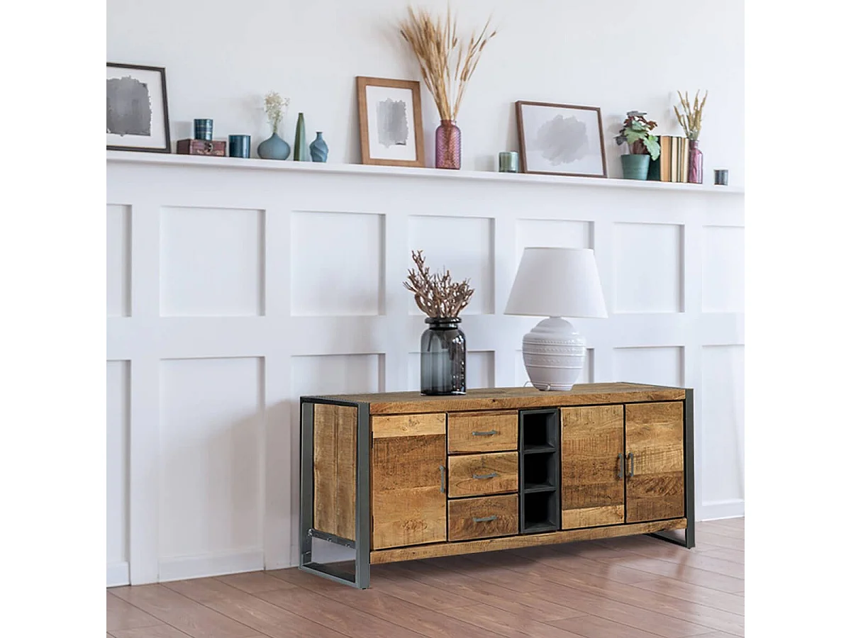 Buffet 3 portes 3 tiroirs en bois massif recyclé et acier patiné - MANGOVRE