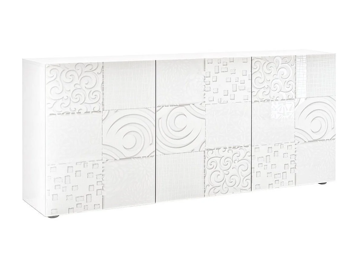 Buffet 3 portes blanc laqué sérigraphies multi-motifs - JUAN