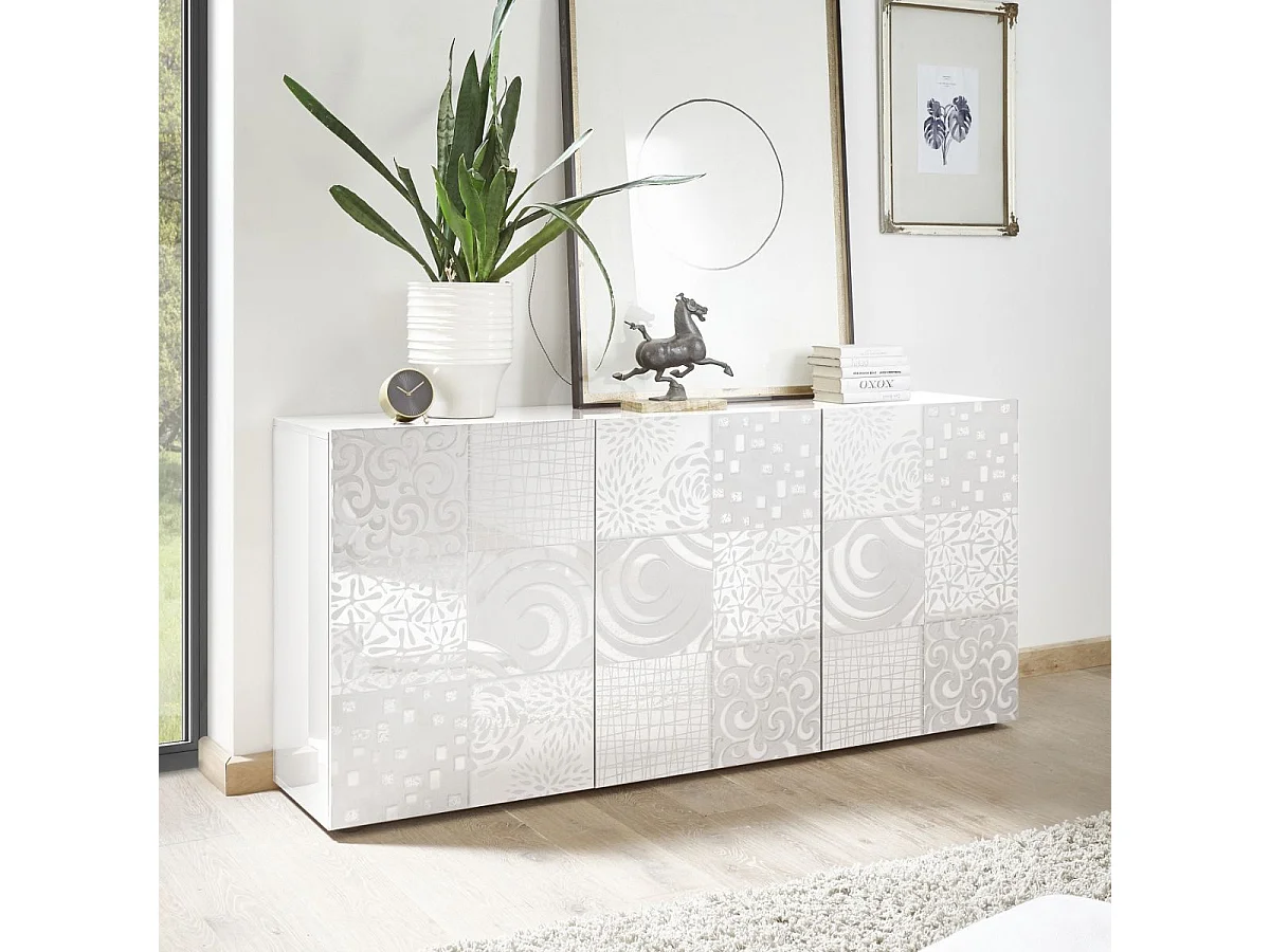 Buffet 3 portes blanc laqué sérigraphies multi-motifs - JUAN
