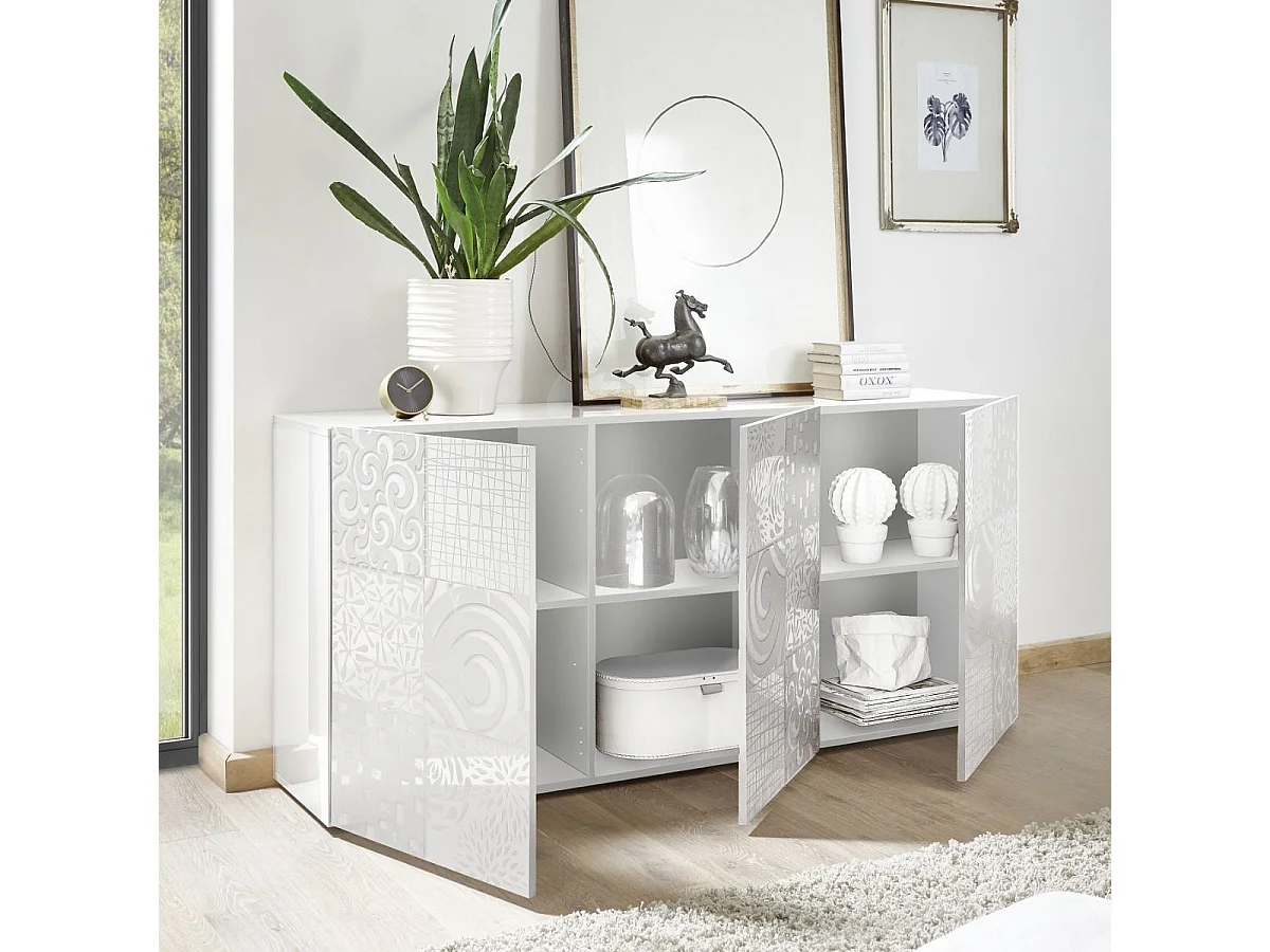 Buffet 3 portes blanc laqué sérigraphies multi-motifs - JUAN