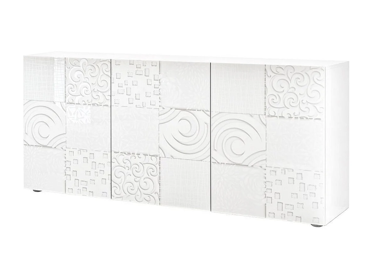 Buffet 3 portes blanc laqué sérigraphies multi-motifs - JUAN