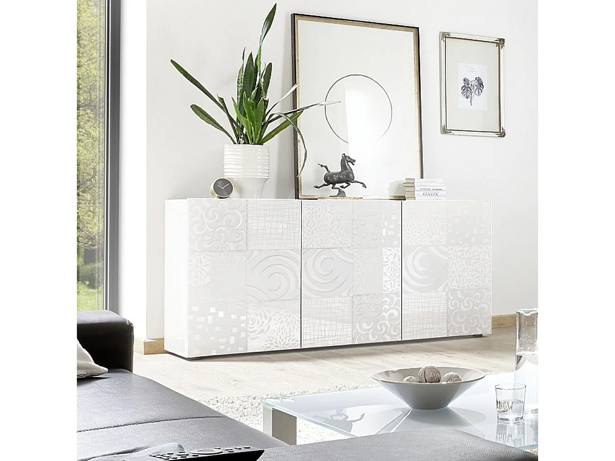 Buffet 3 portes blanc laqué sérigraphies multi-motifs - JUAN