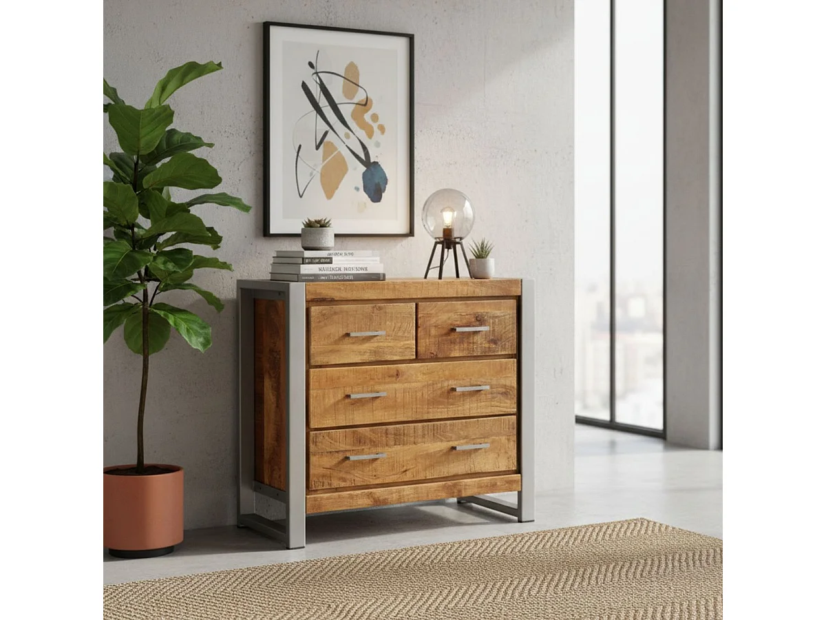 Commode 4 tiroirs en bois massif recyclé et acier patiné - MANGOVRE