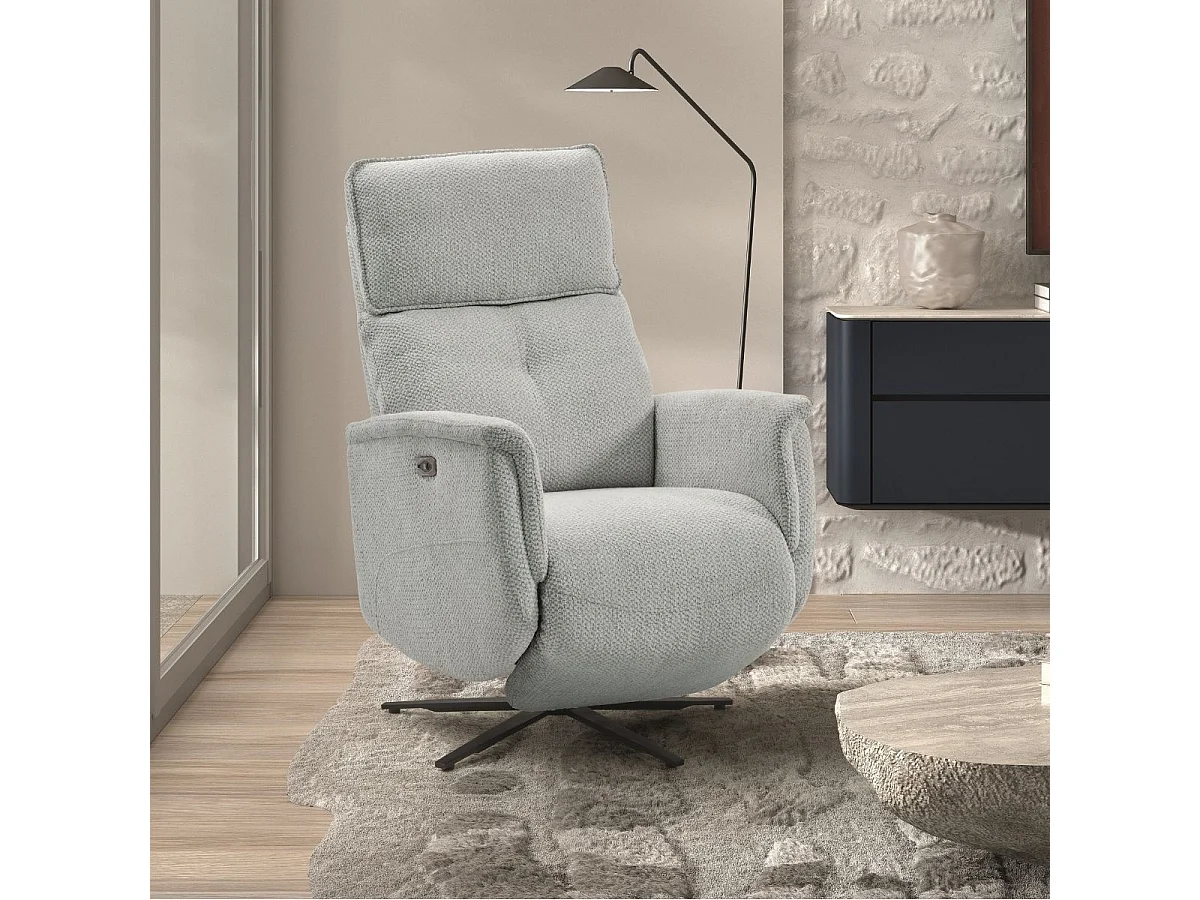 Fauteuil relax électrique pivotant avec têtière manuelle tissu chenille bleu-gris - PARADIZIO