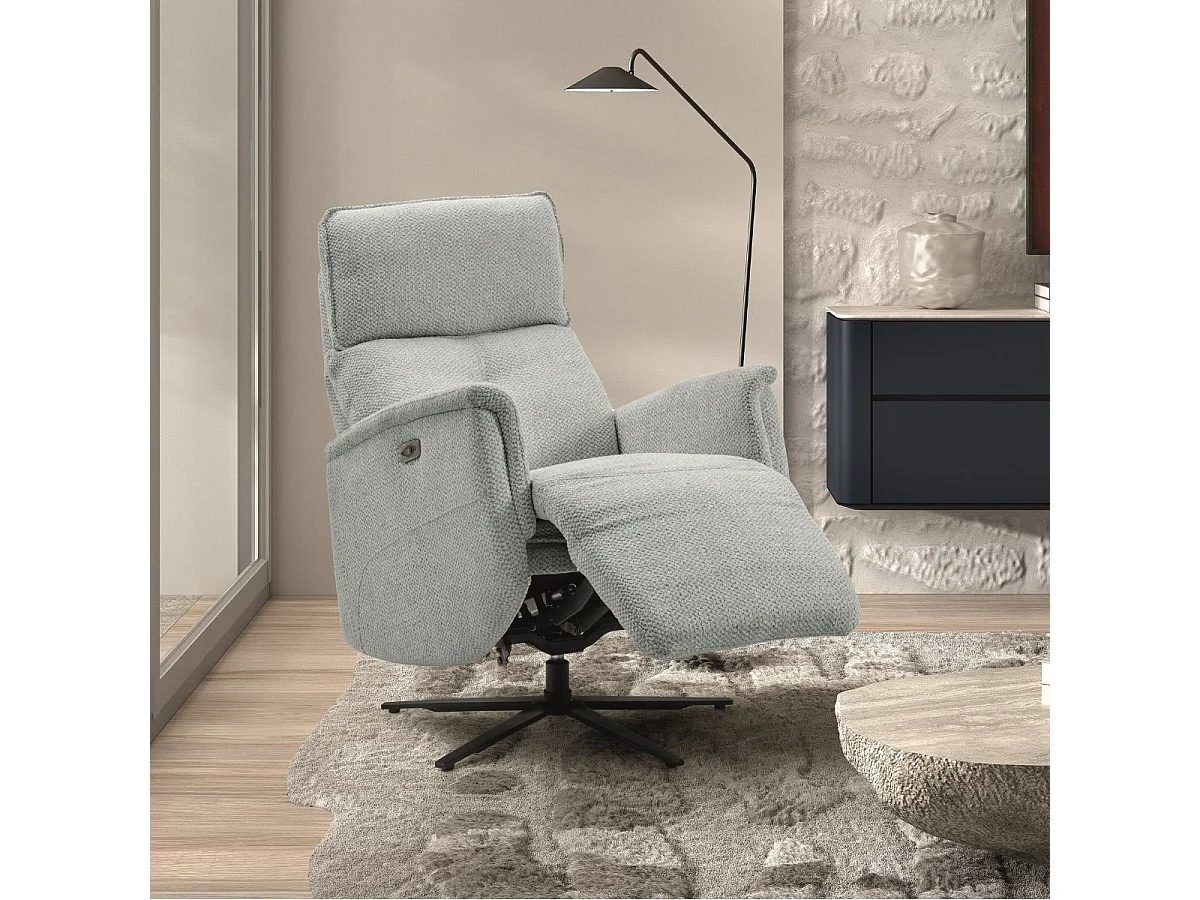 Fauteuil relax électrique pivotant avec têtière manuelle tissu chenille bleu-gris - PARADIZIO