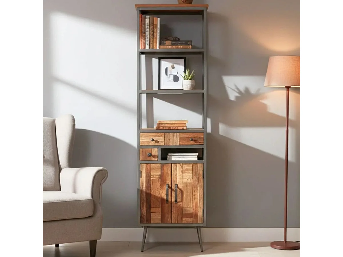 Meuble de Rangement 2 Portes 2 Tiroirs Acier et Bois Massif - LEONARD