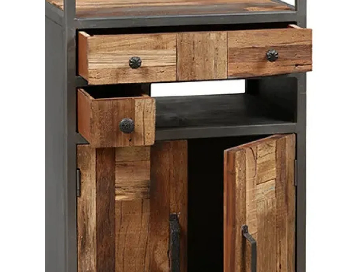 Meuble de Rangement 2 Portes 2 Tiroirs Acier et Bois Massif - LEONARD