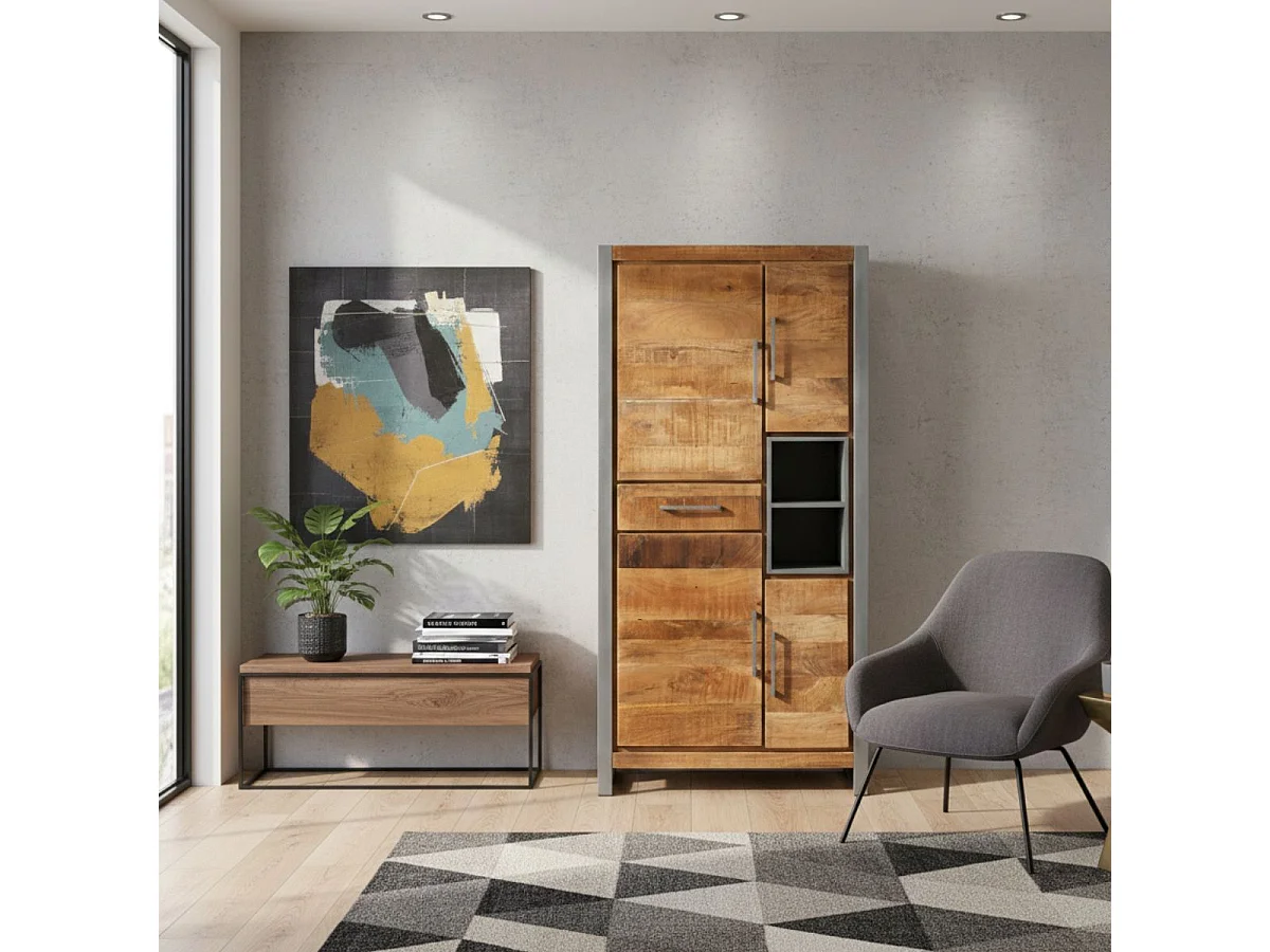 Buffet haut 4 portes 1 tiroir en bois massif recyclé et acier patiné - MANGOVRE