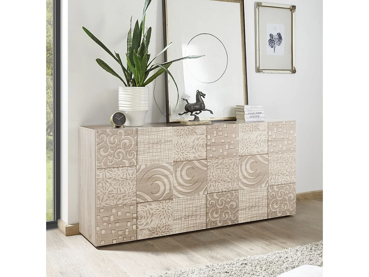 Buffet 3 portes aspect bois samoa sérigraphies multi-motifs - JUAN
