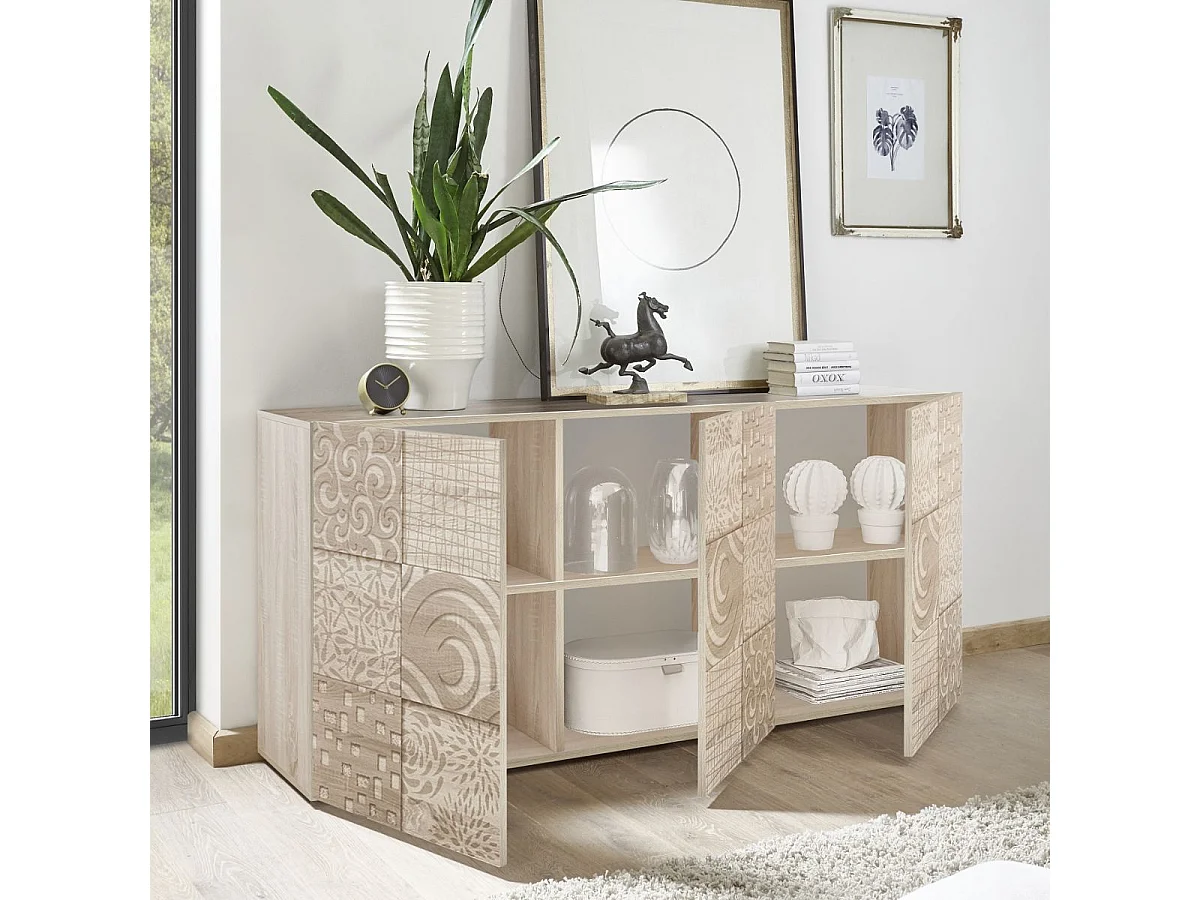 Buffet 3 portes aspect bois samoa sérigraphies multi-motifs - JUAN