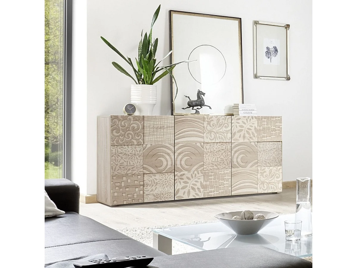 Buffet 3 portes aspect bois samoa sérigraphies multi-motifs - JUAN