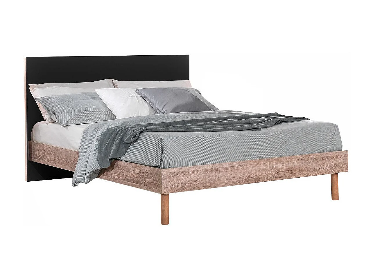 Lit 160x200cm tête de lit noire et cadre aspect bois - YAKIM