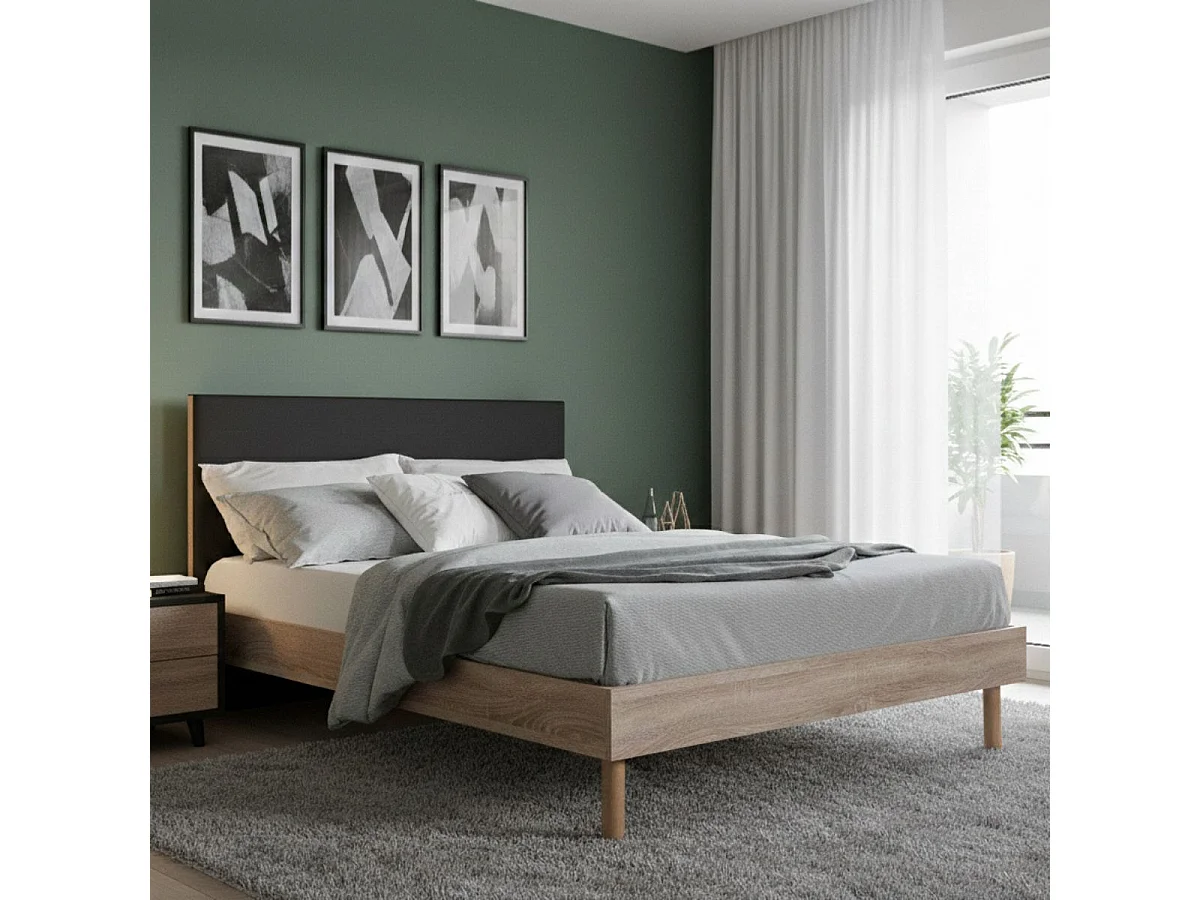 Lit 160x200cm tête de lit noire et cadre aspect bois - YAKIM