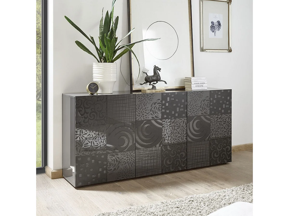 Buffet 3 portes anthracite laqué sérigraphies multi-motifs - JUAN