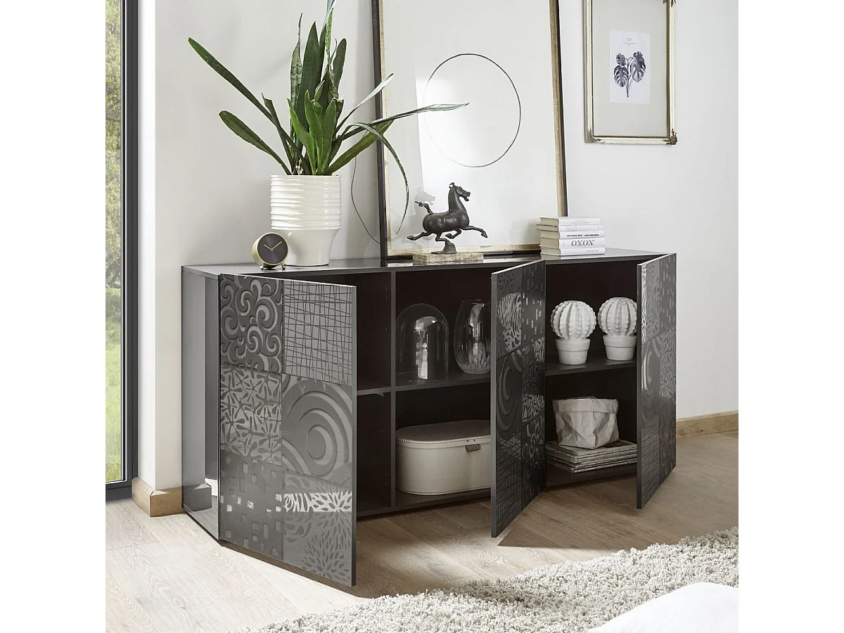 Buffet 3 portes anthracite laqué sérigraphies multi-motifs - JUAN