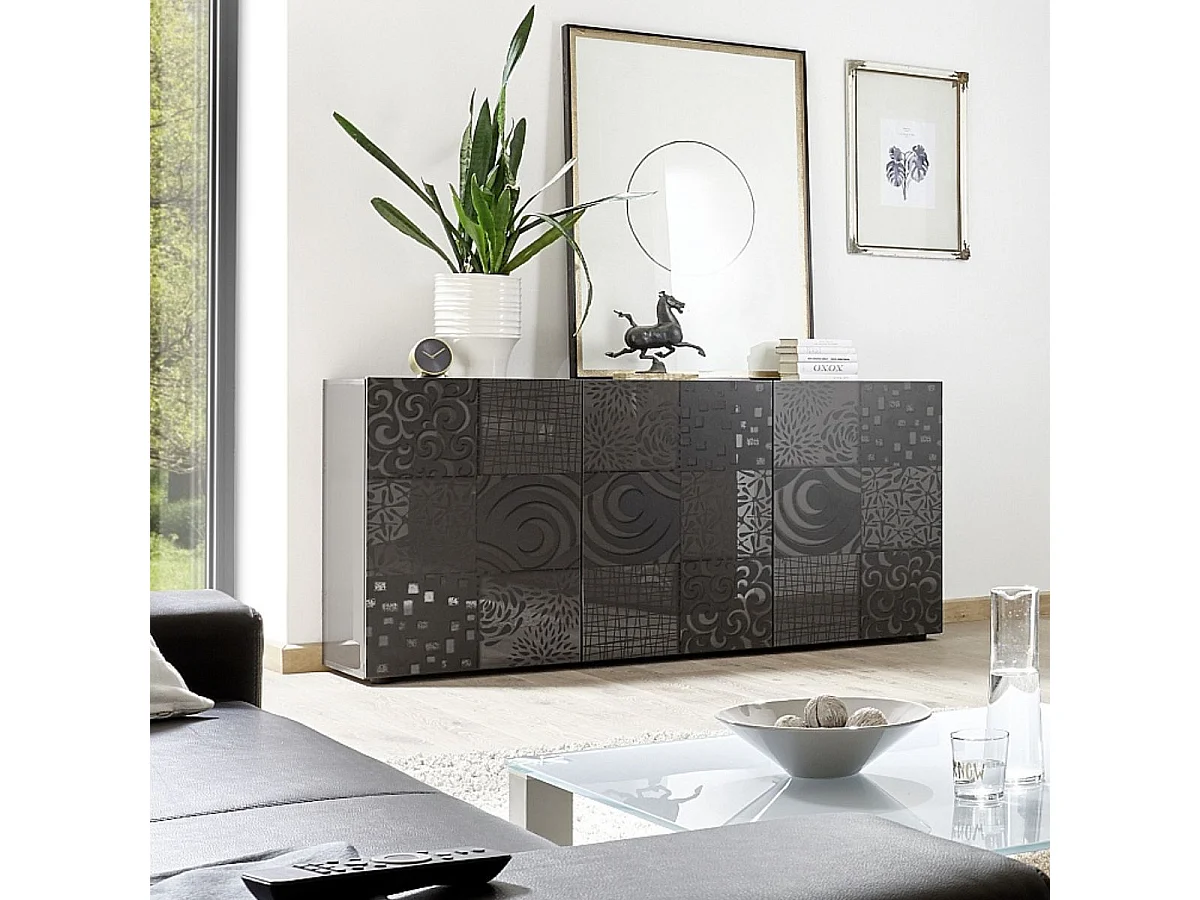 Buffet 3 portes anthracite laqué sérigraphies multi-motifs - JUAN
