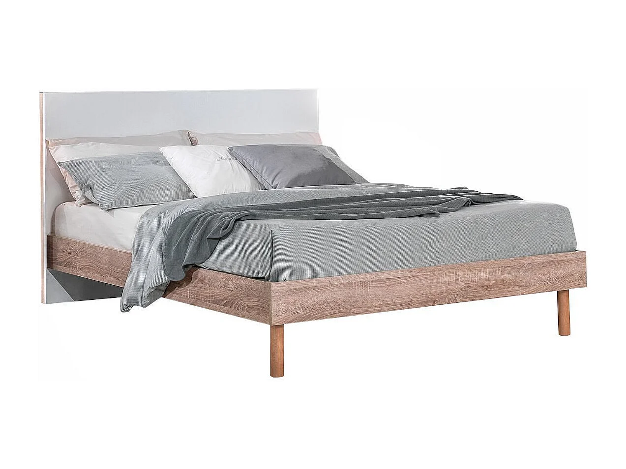 Lit 160x200cm tête de lit blanche et cadre aspect bois - YAKIM