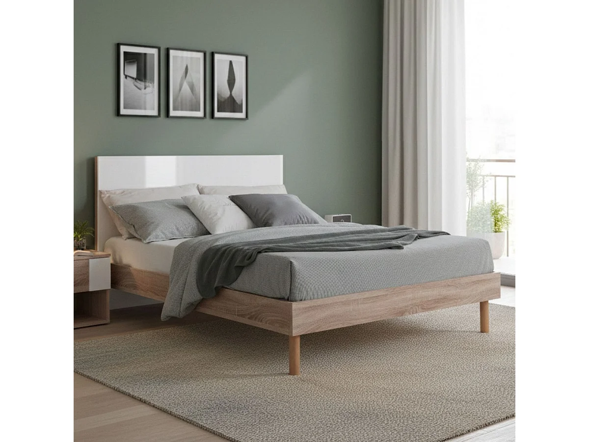 Lit 160x200cm tête de lit blanche et cadre aspect bois - YAKIM