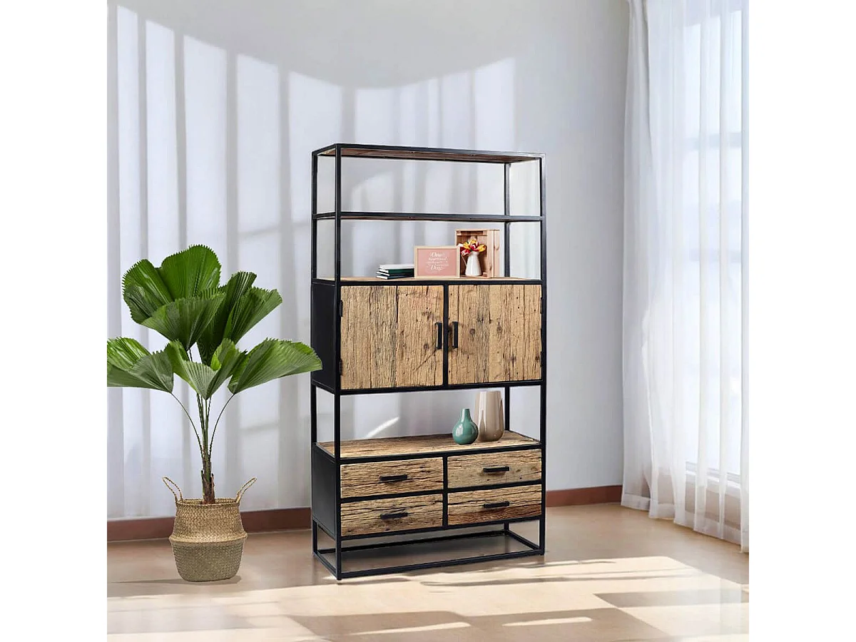 Etagère bibliothèque 2 portes 4 tiroirs en teck recyclé et métal laqué noir - TANETOA