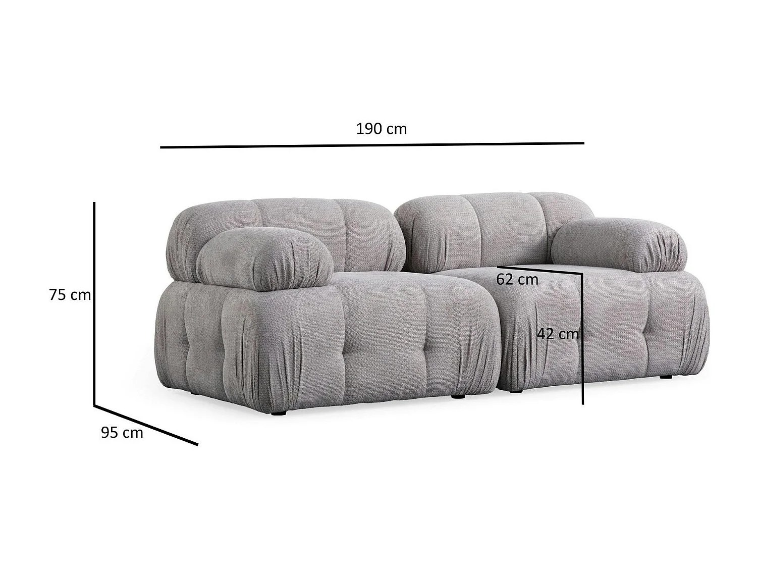 Canapé modulable 2 places gris clair, assise profonde 190 cm ICA