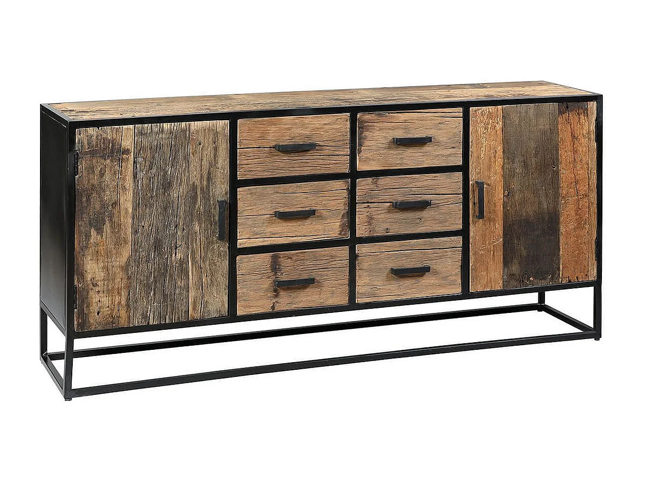 Buffet 2 portes 6 tiroirs en teck recyclé et métal laqué noir - TANETOA