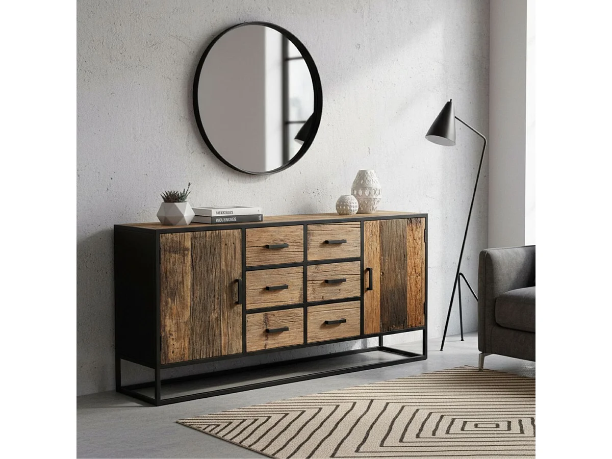 Buffet 2 portes 6 tiroirs en teck recyclé et métal laqué noir - TANETOA