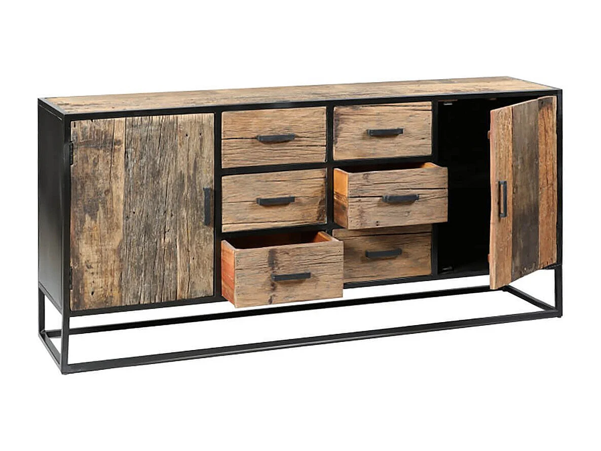 Buffet 2 portes 6 tiroirs en teck recyclé et métal laqué noir - TANETOA