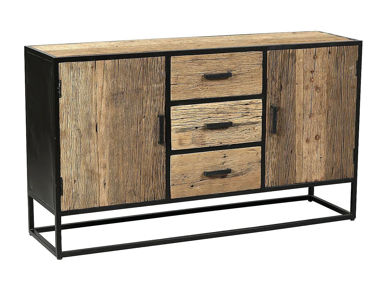 Buffet 2 portes 3 tiroirs en teck recyclé et métal laqué noir - TANETOA