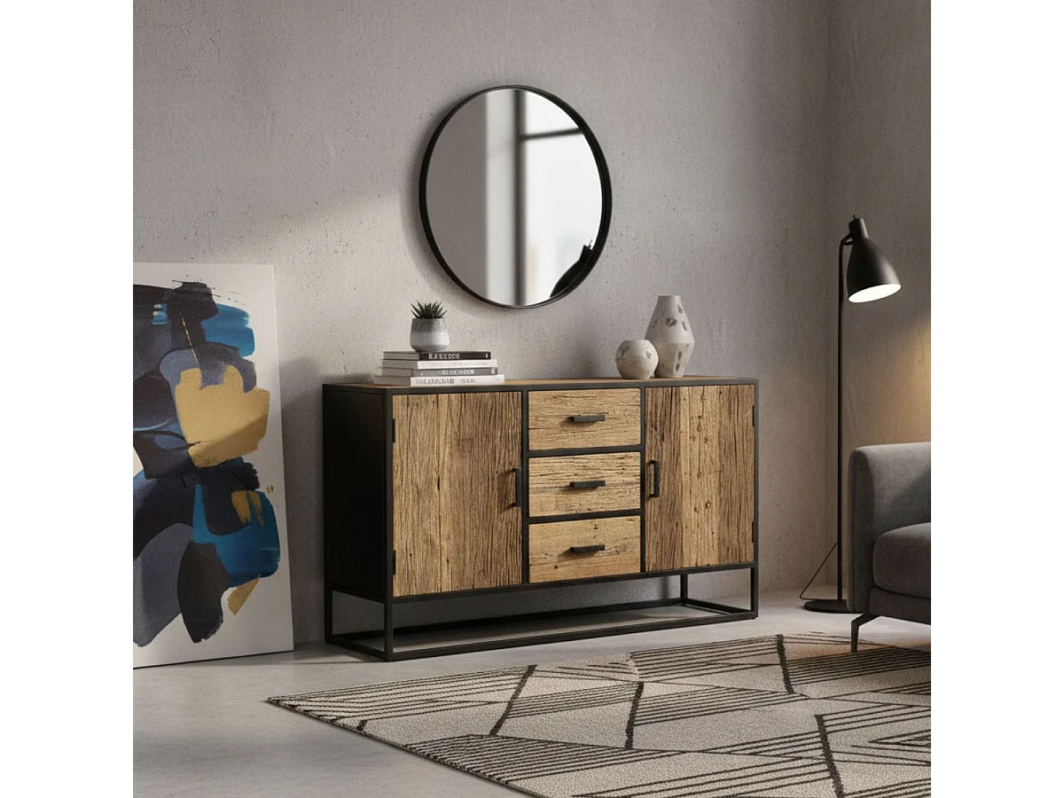 Buffet 2 portes 3 tiroirs en teck recyclé et métal laqué noir - TANETOA