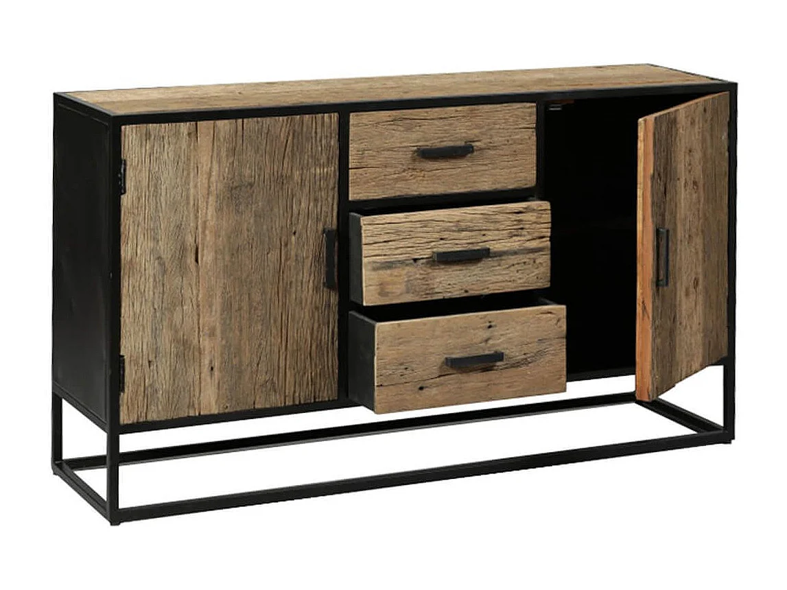 Buffet 2 portes 3 tiroirs en teck recyclé et métal laqué noir - TANETOA