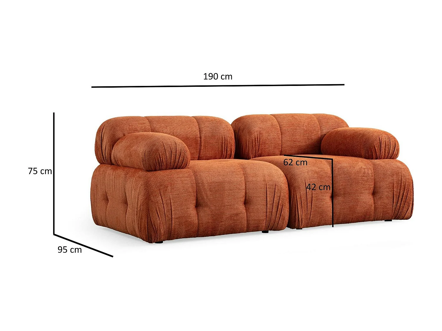 Canapé modulable 2 places rouille, assise profonde 190 cm ICA