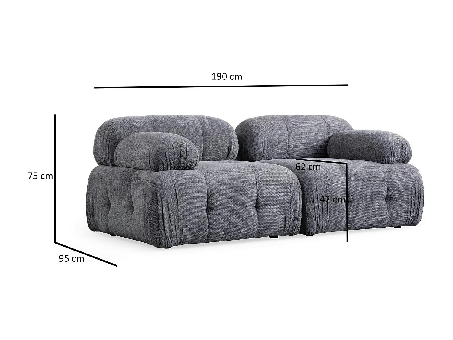 Canapé modulable 2 places gris, assise profonde 190 cm ICA