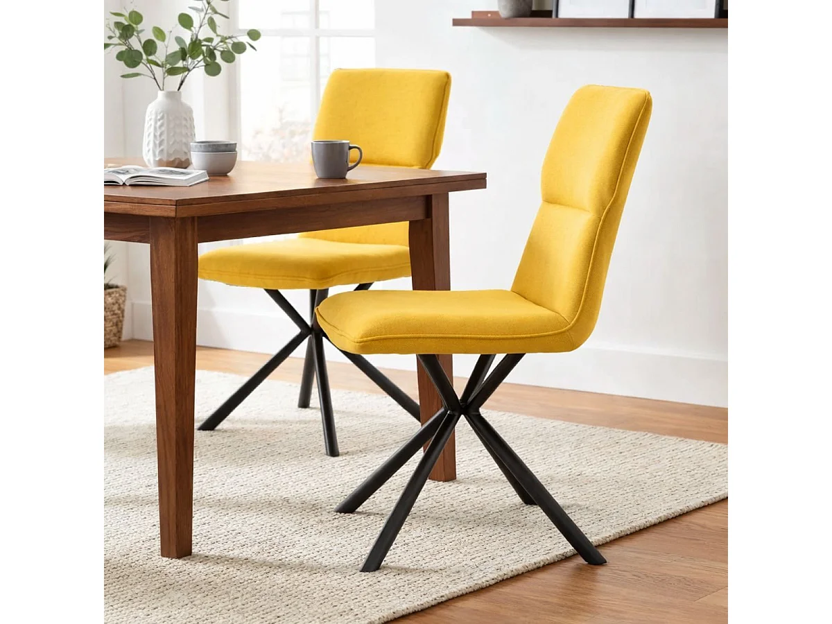 Lot de 4 chaises design en tissu chiné jaune et piètement étoile métal noir - ASTER