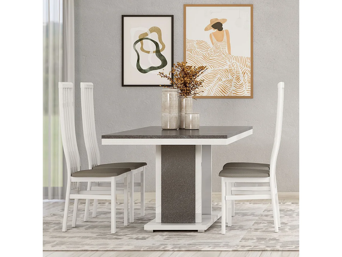 Table repas 160x90cm pied central laqué blanc et imitation granit gris - NEWELL