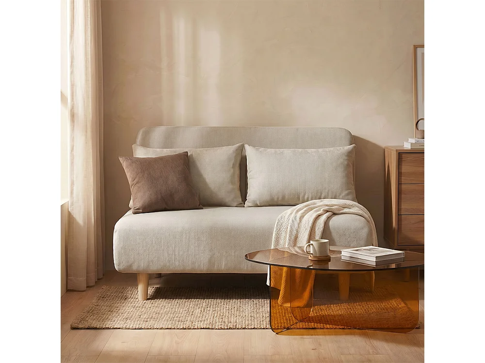 Nella - Canapé convertible 2 places en tissu pieds bois clair - Beige